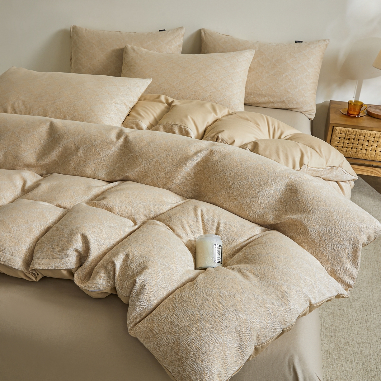 91家纺网 家纺一手货源 找家纺 乐家毛巾被（工厂自产自销） 2026新款40s全棉纯棉色织提花四件套 光阴-黄