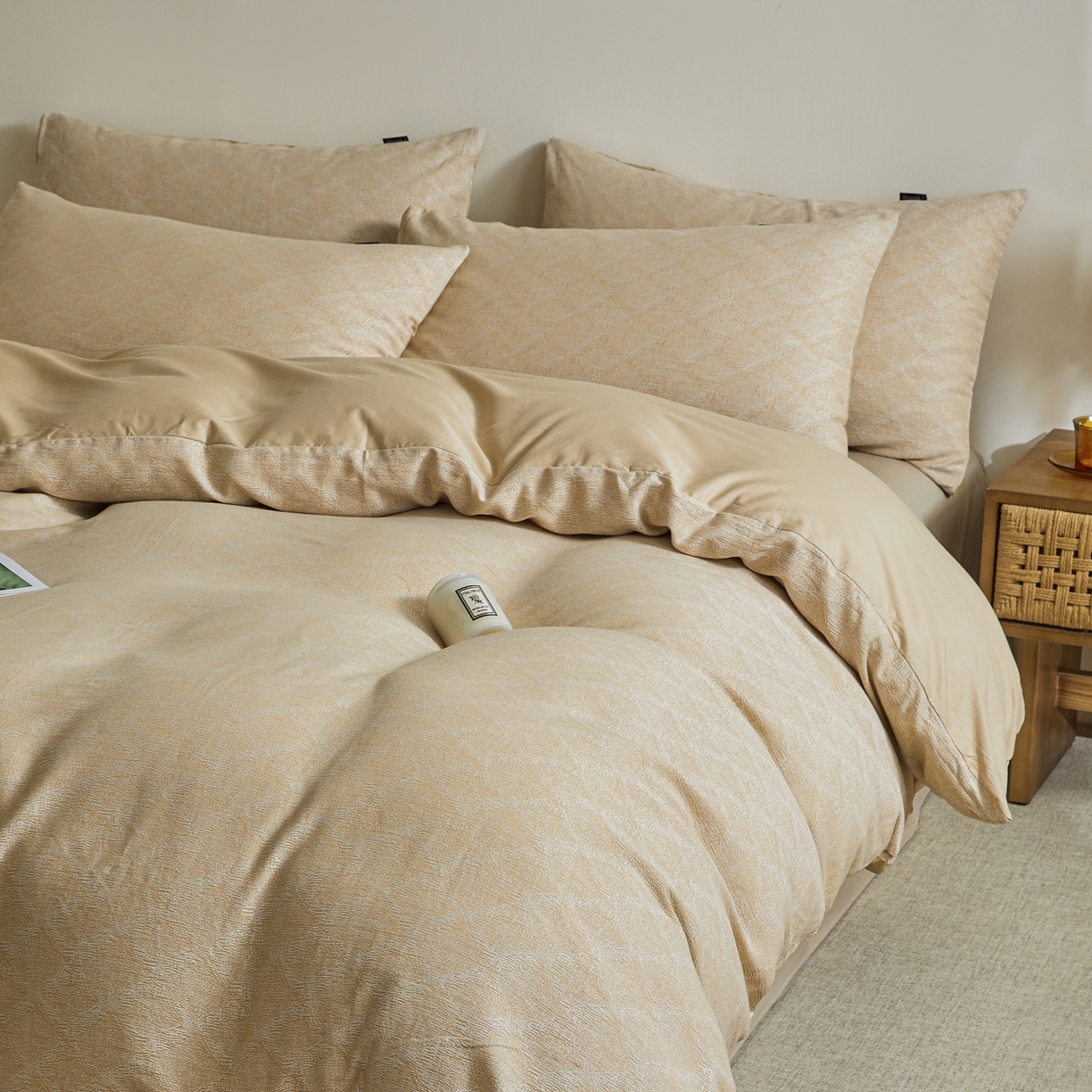 91家纺网 家纺一手货源 找家纺 乐家毛巾被（工厂自产自销） 2026新款40s全棉纯棉色织提花四件套 光阴-黄