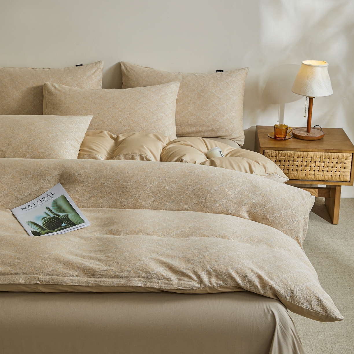 91家纺网 家纺一手货源 找家纺 乐家毛巾被（工厂自产自销） 2026新款40s全棉纯棉色织提花四件套 光阴-黄