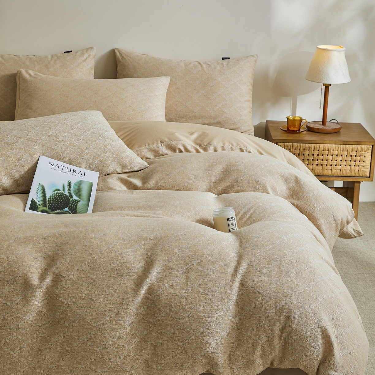 91家纺网 家纺一手货源 找家纺 乐家毛巾被（工厂自产自销） 2026新款40s全棉纯棉色织提花四件套 光阴-黄