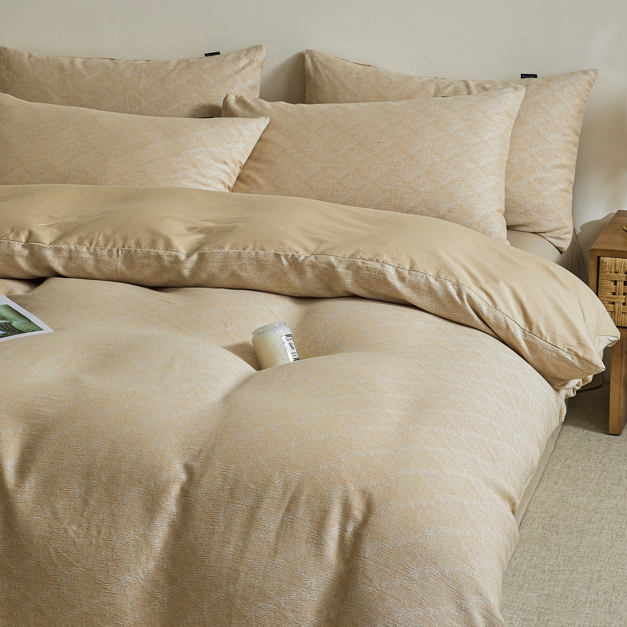 91家纺网 家纺一手货源 找家纺 乐家毛巾被（工厂自产自销） 2026新款40s全棉纯棉色织提花四件套 光阴-黄