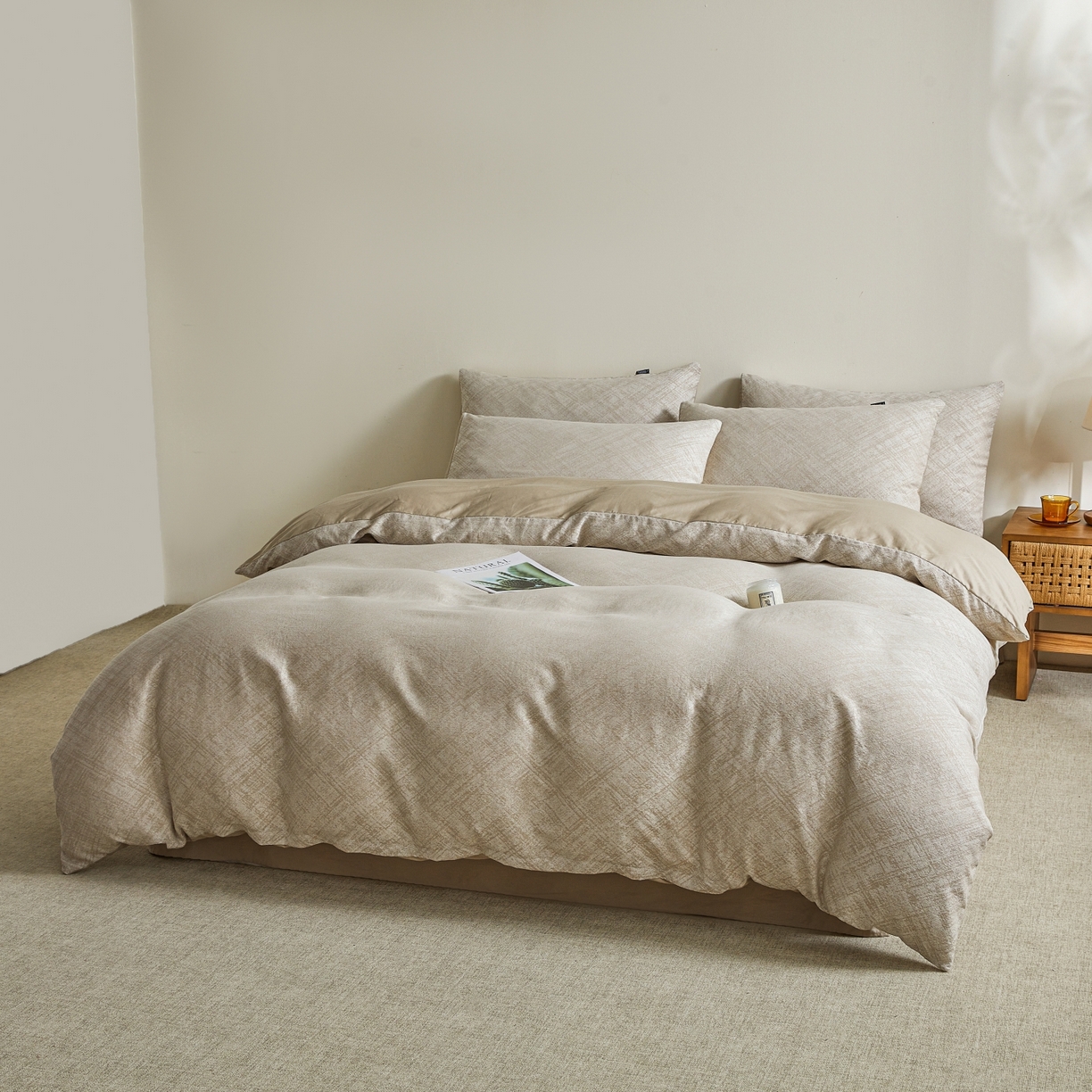 91家纺网 家纺一手货源 找家纺 乐家毛巾被（工厂自产自销） 2026新款40s全棉纯棉色织提花四件套 光阴-灰