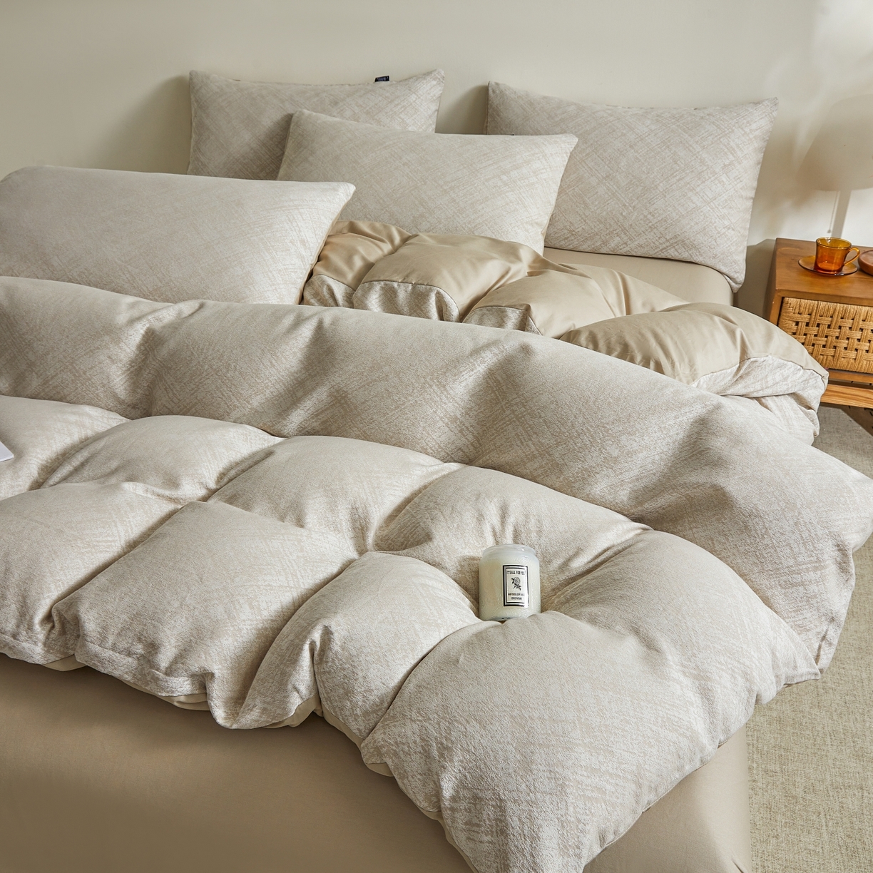 91家纺网 家纺一手货源 找家纺 乐家毛巾被（工厂自产自销） 2026新款40s全棉纯棉色织提花四件套 光阴-灰