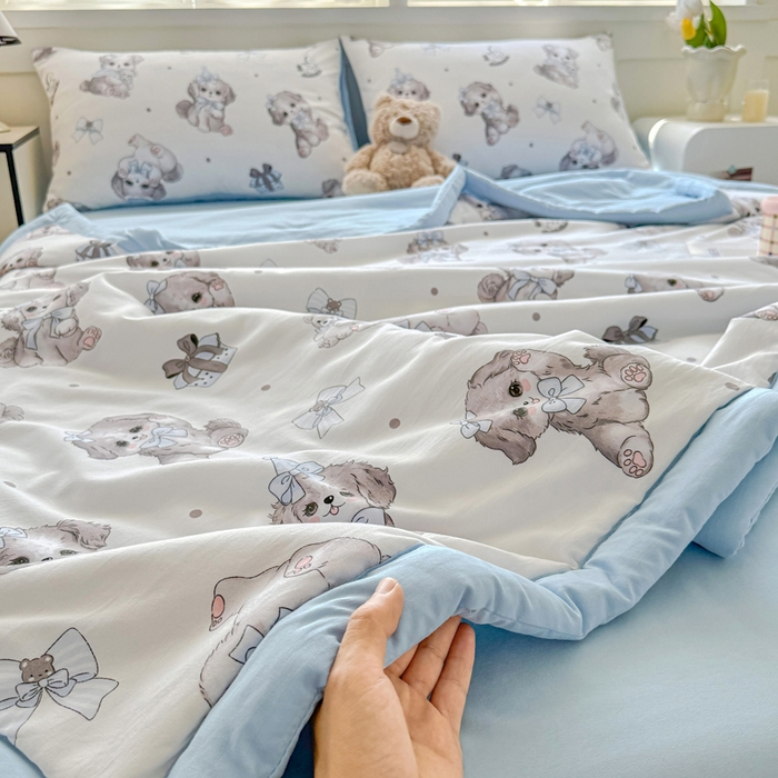 91家纺网 家纺一手货源 找家纺 优卡迪家纺馆 2026春夏新款针织棉双层纱夏被夏凉被空调被四件套【下载文件夹包含买家秀】 萌宠