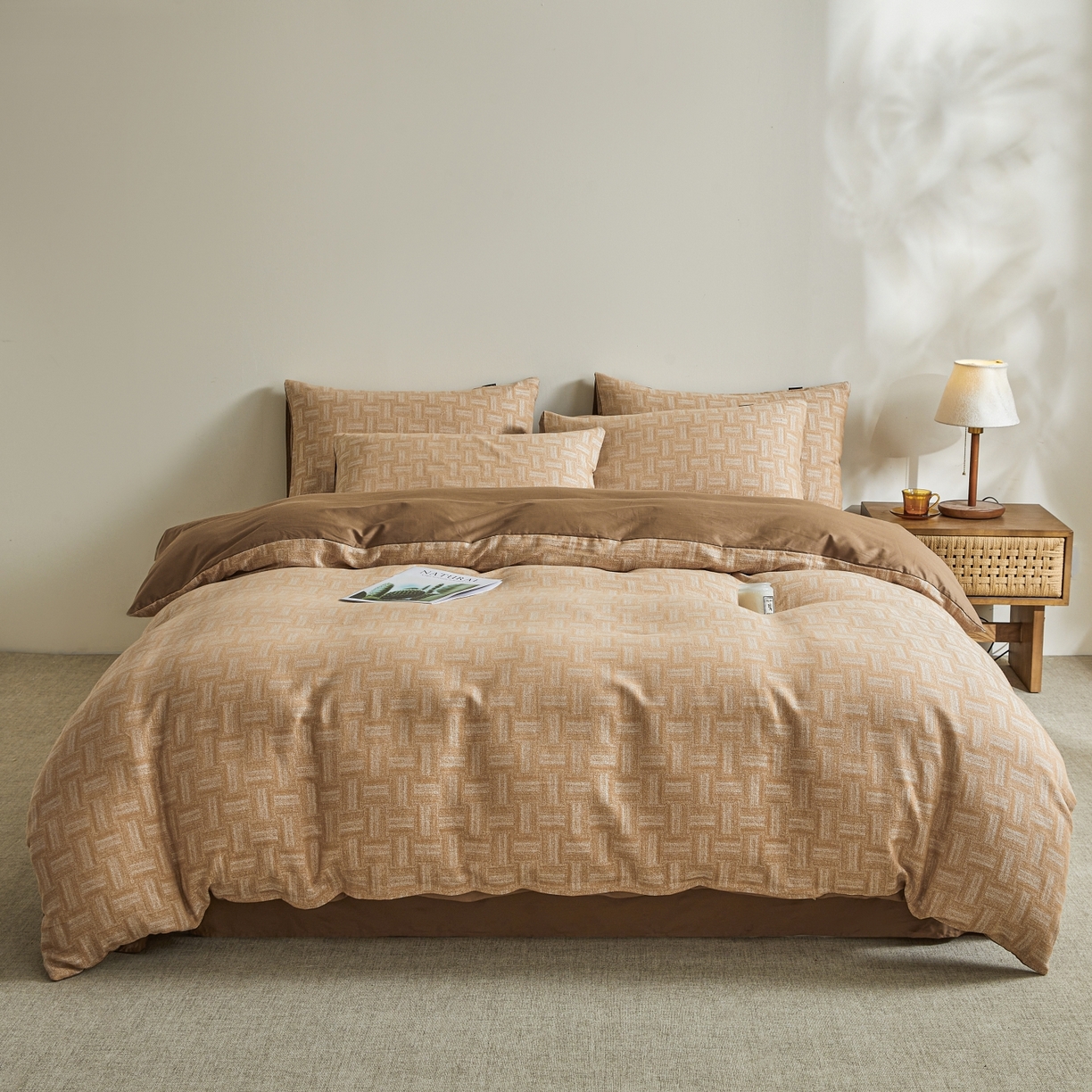 91家纺网 家纺一手货源 找家纺 乐家毛巾被（工厂自产自销） 2026新款40s全棉纯棉色织提花四件套 几何游戏