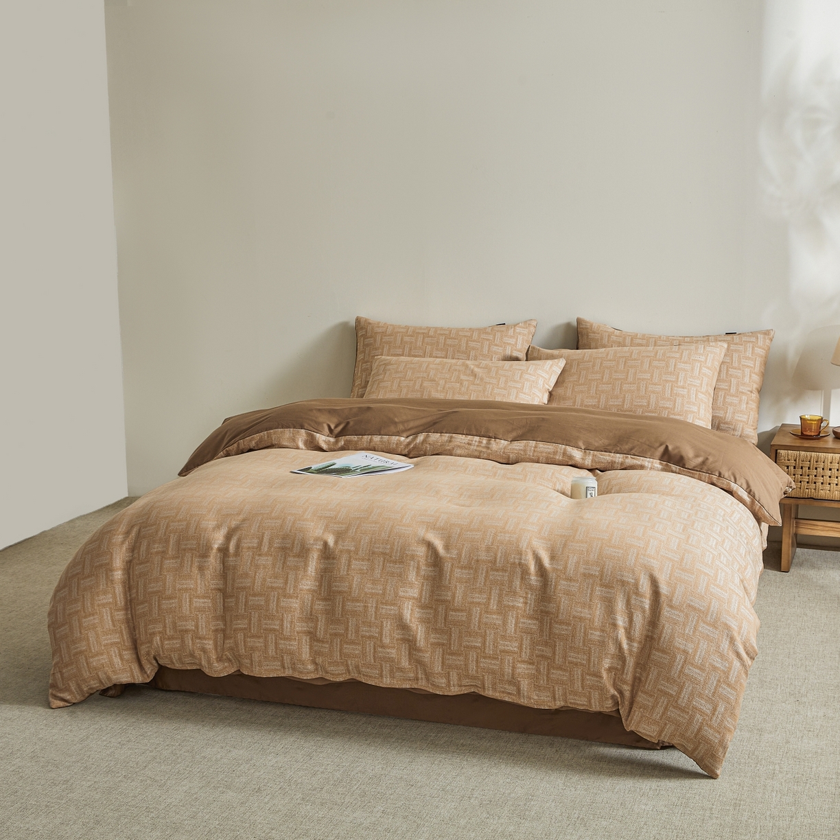 91家纺网 家纺一手货源 找家纺 乐家毛巾被（工厂自产自销） 2026新款40s全棉纯棉色织提花四件套 几何游戏