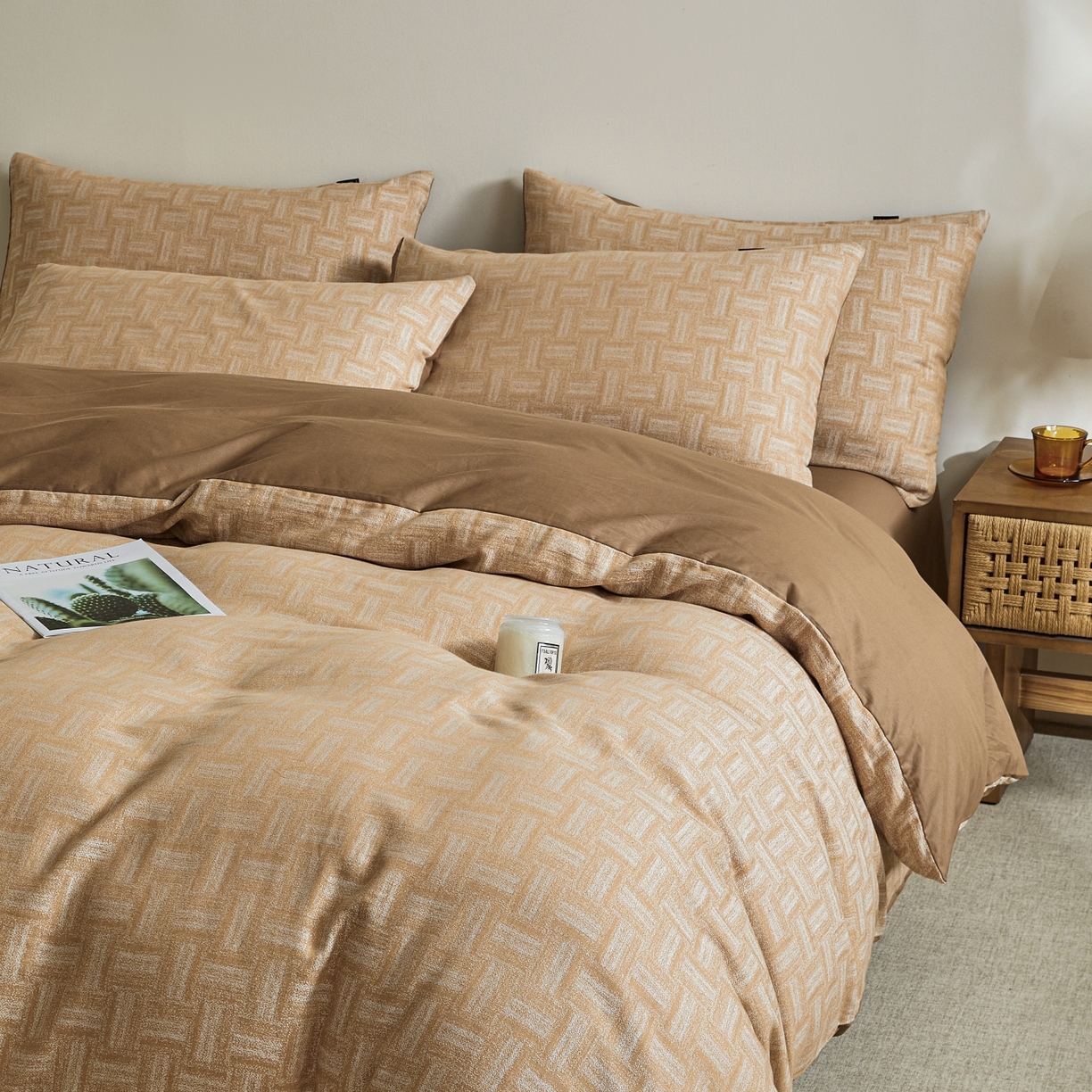 91家纺网 家纺一手货源 找家纺 乐家毛巾被（工厂自产自销） 2026新款40s全棉纯棉色织提花四件套 几何游戏