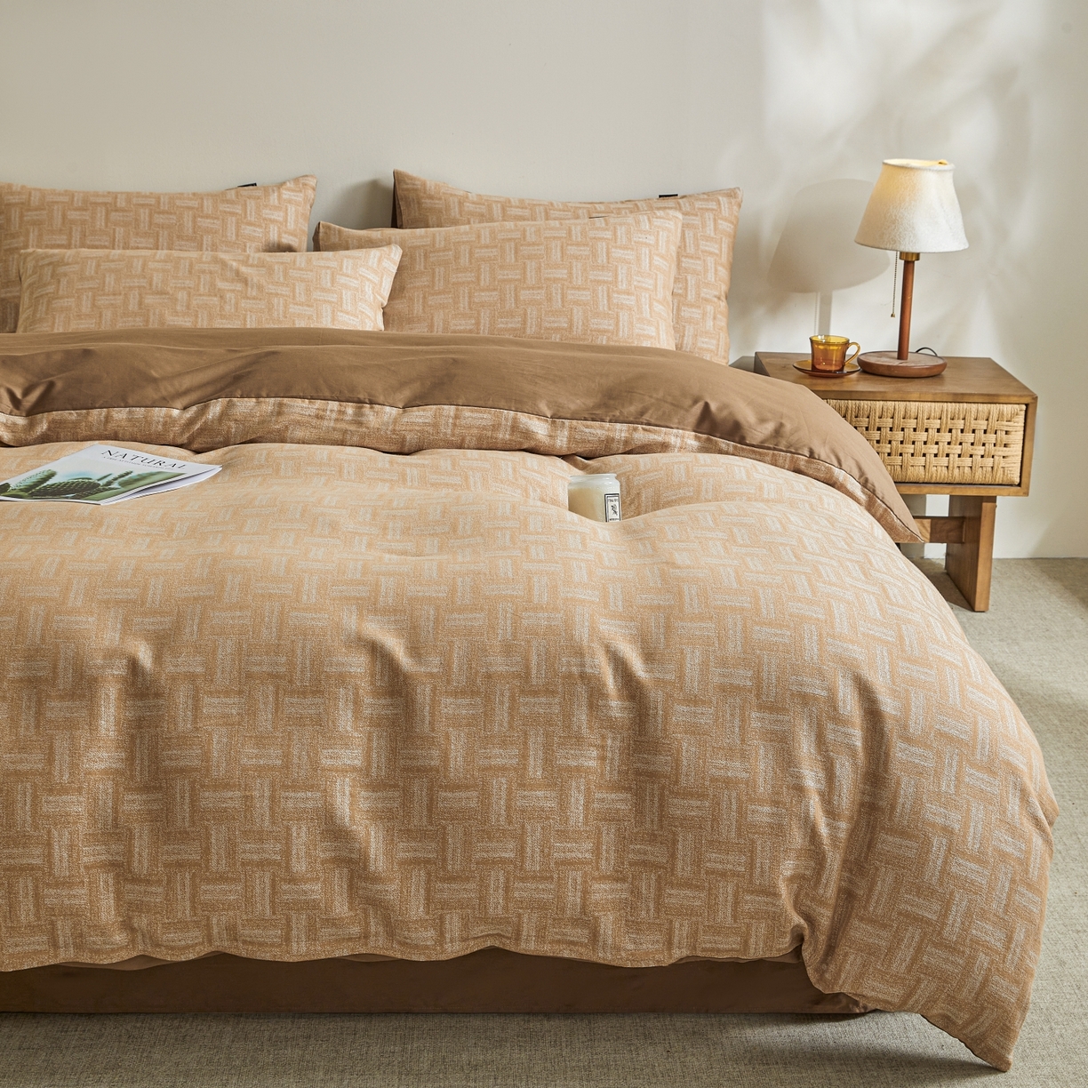 91家纺网 家纺一手货源 找家纺 乐家毛巾被（工厂自产自销） 2026新款40s全棉纯棉色织提花四件套 几何游戏