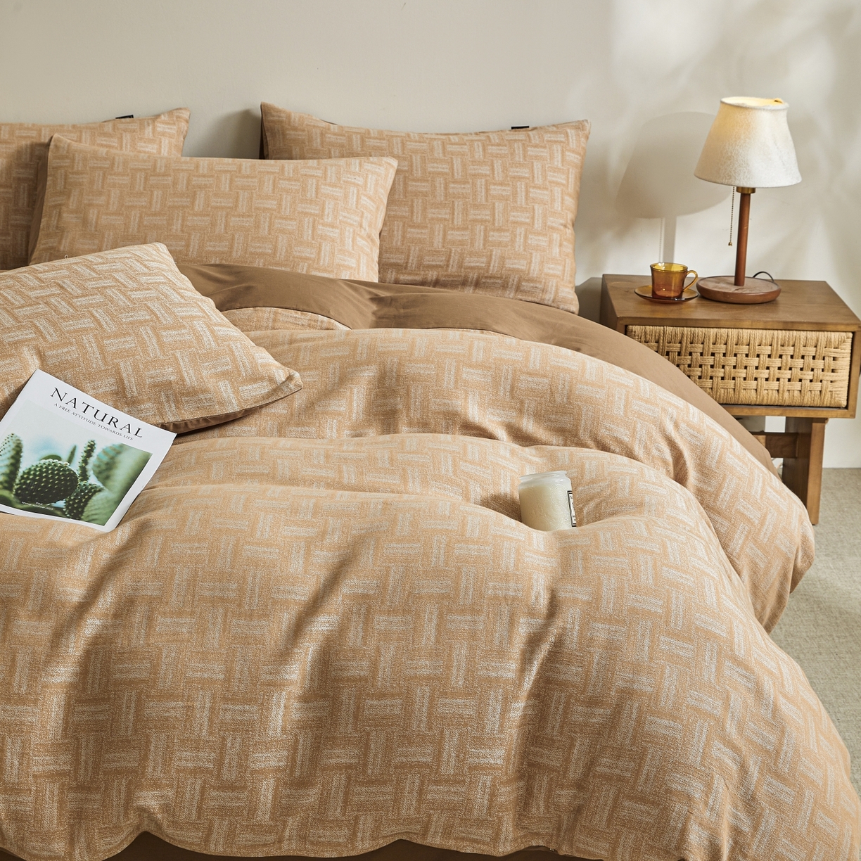 91家纺网 家纺一手货源 找家纺 乐家毛巾被（工厂自产自销） 2026新款40s全棉纯棉色织提花四件套 几何游戏