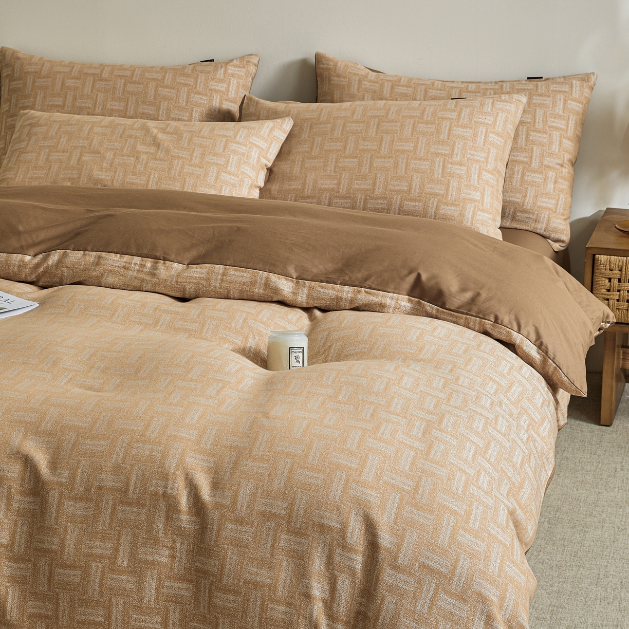 91家纺网 家纺一手货源 找家纺 乐家毛巾被（工厂自产自销） 2026新款40s全棉纯棉色织提花四件套 几何游戏