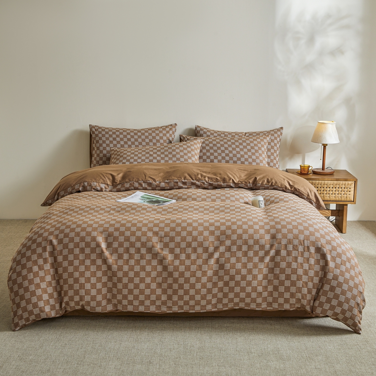 91家纺网 家纺一手货源 找家纺 乐家毛巾被（工厂自产自销） 2026新款40s全棉纯棉色织提花四件套 简序格韵