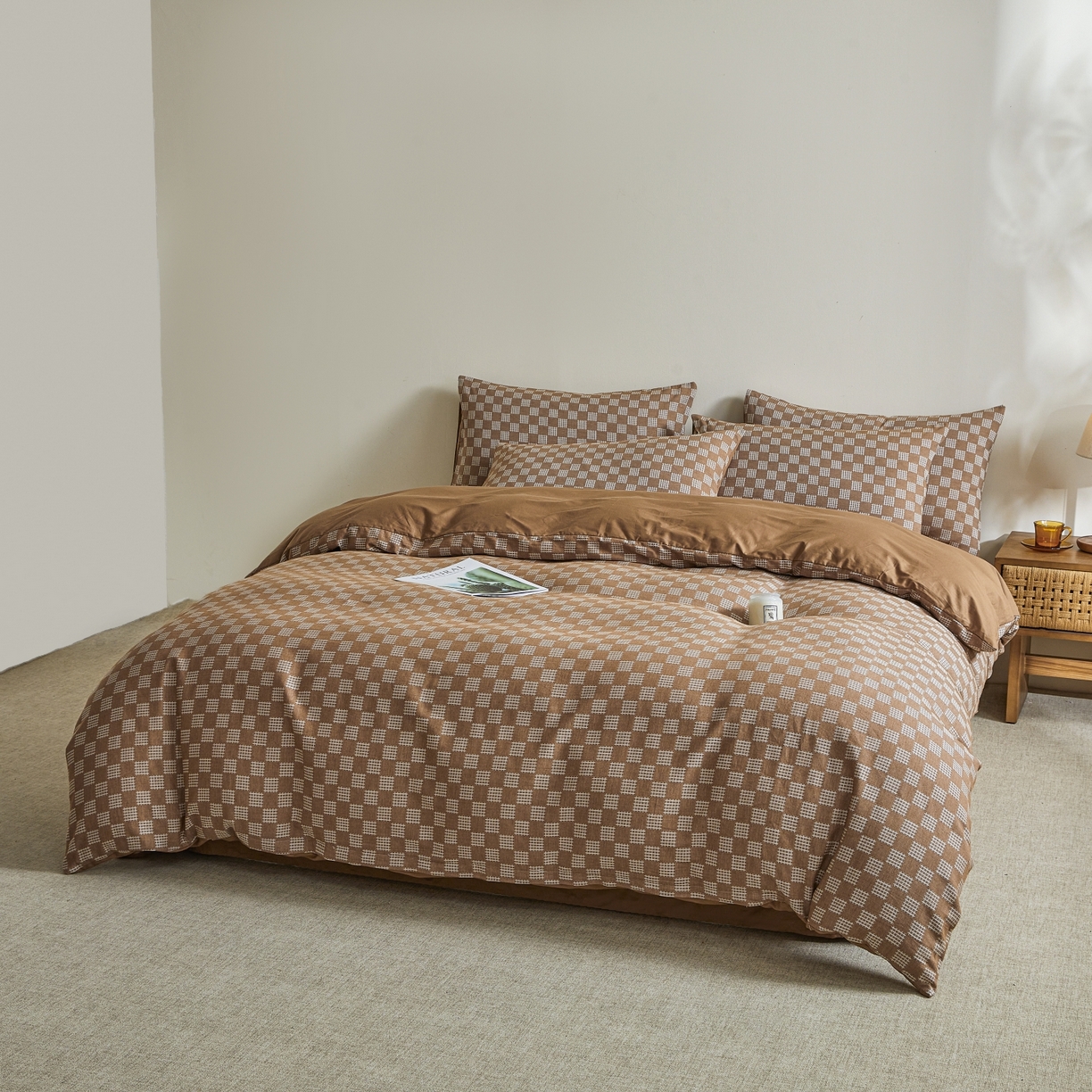 91家纺网 家纺一手货源 找家纺 乐家毛巾被（工厂自产自销） 2026新款40s全棉纯棉色织提花四件套 简序格韵