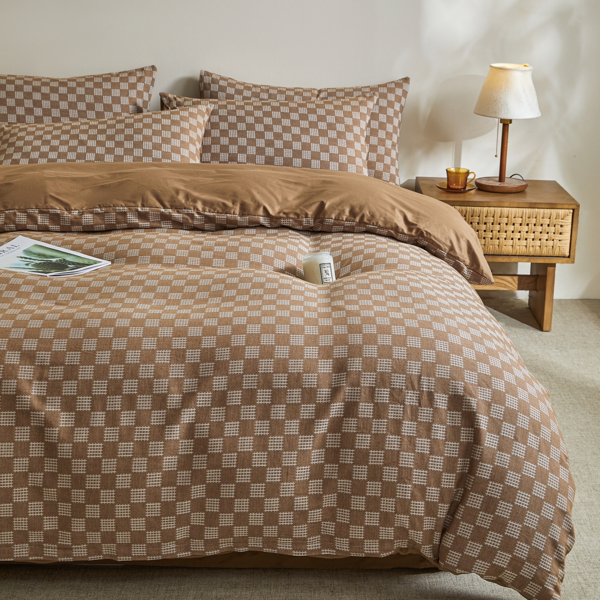 91家纺网 家纺一手货源 找家纺 乐家毛巾被（工厂自产自销） 2026新款40s全棉纯棉色织提花四件套 简序格韵