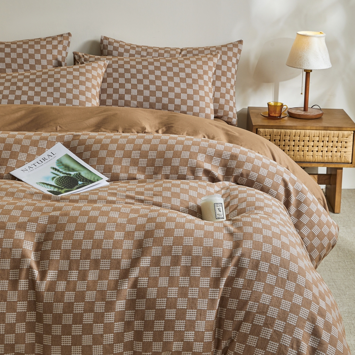 91家纺网 家纺一手货源 找家纺 乐家毛巾被（工厂自产自销） 2026新款40s全棉纯棉色织提花四件套 简序格韵