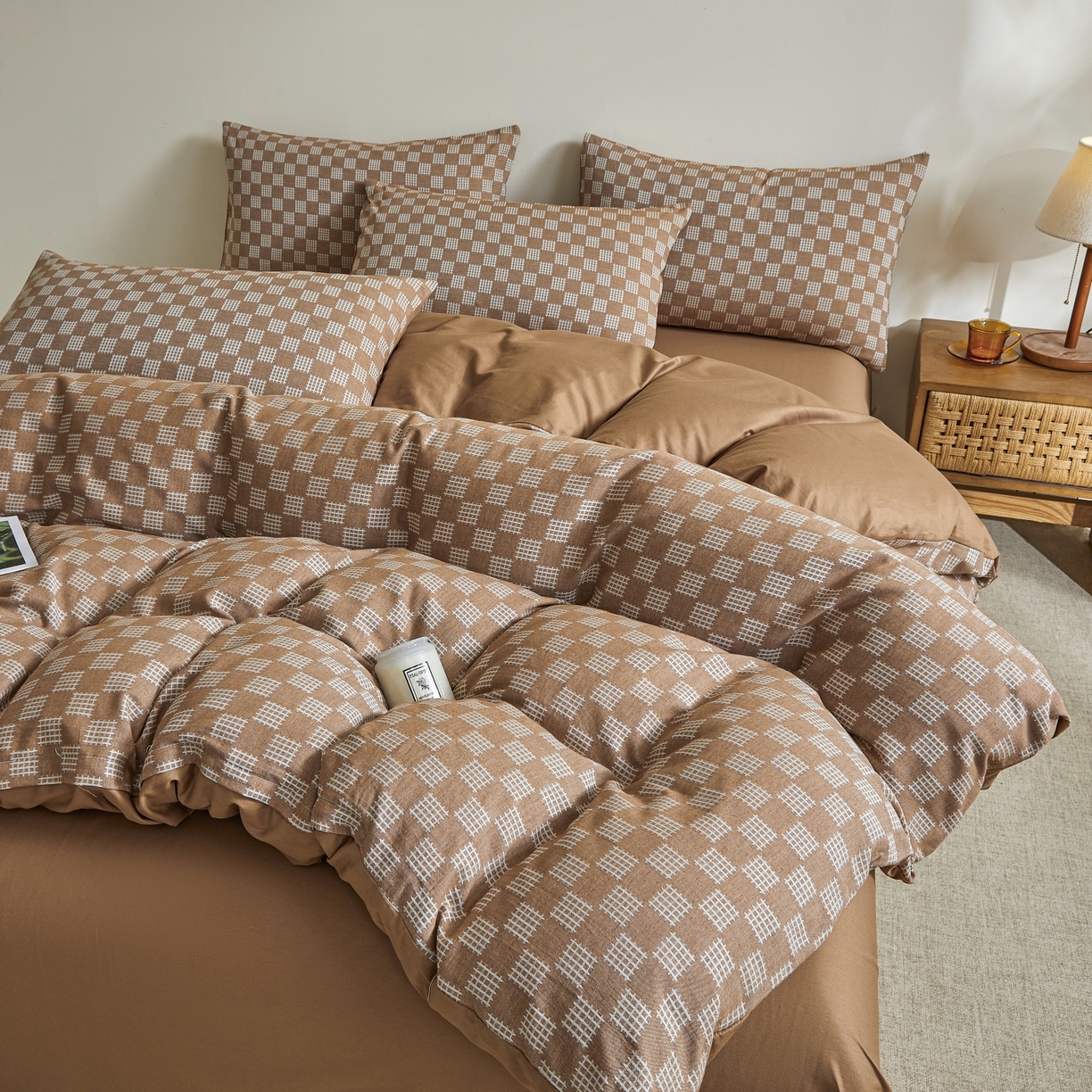 91家纺网 家纺一手货源 找家纺 乐家毛巾被（工厂自产自销） 2026新款40s全棉纯棉色织提花四件套 简序格韵