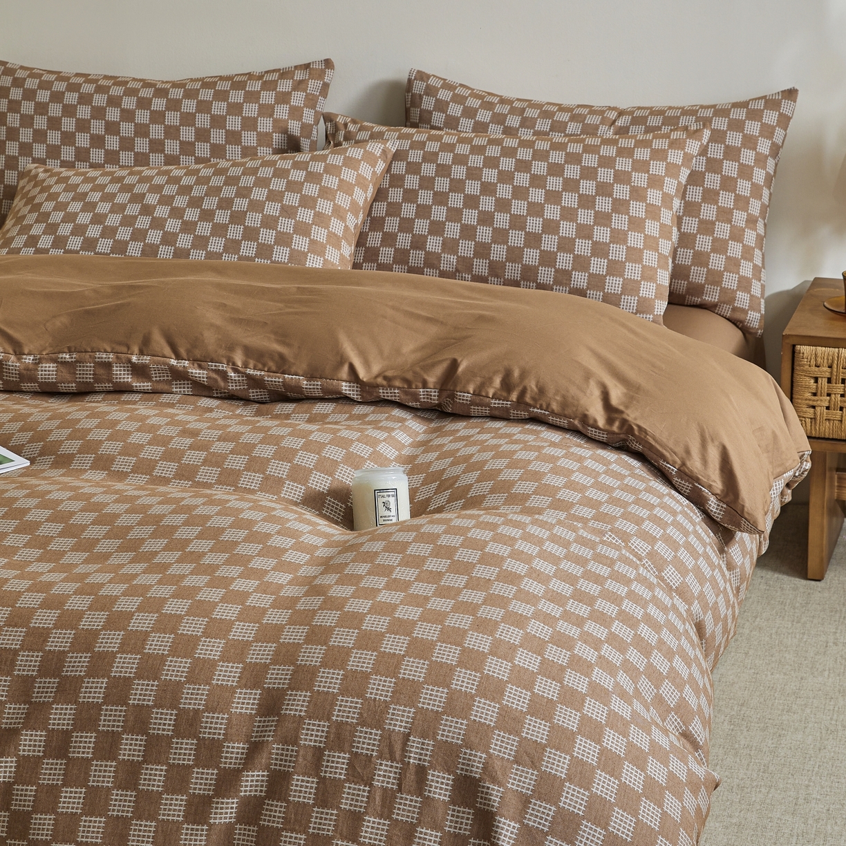 91家纺网 家纺一手货源 找家纺 乐家毛巾被（工厂自产自销） 2026新款40s全棉纯棉色织提花四件套 简序格韵