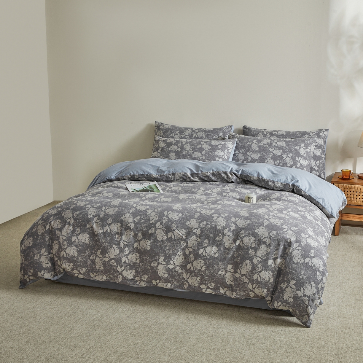 91家纺网 家纺一手货源 找家纺 乐家毛巾被（工厂自产自销） 2026新款40s全棉纯棉色织提花四件套 兰庭浅影