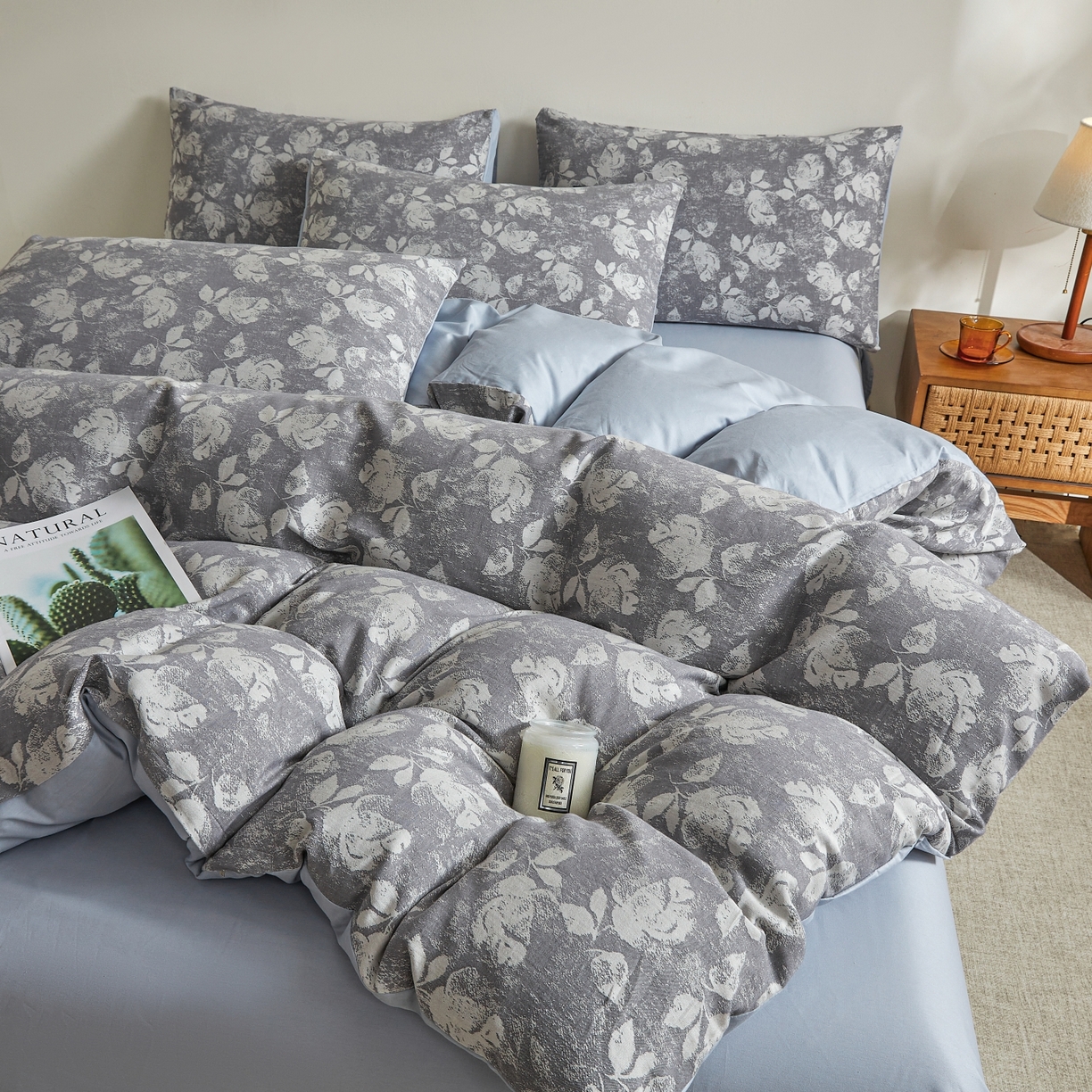 91家纺网 家纺一手货源 找家纺 乐家毛巾被（工厂自产自销） 2026新款40s全棉纯棉色织提花四件套 兰庭浅影