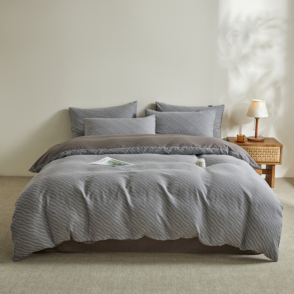 91家纺网 家纺一手货源 找家纺 乐家毛巾被（工厂自产自销） 2026新款40s全棉纯棉色织提花四件套 蓝屿风眠