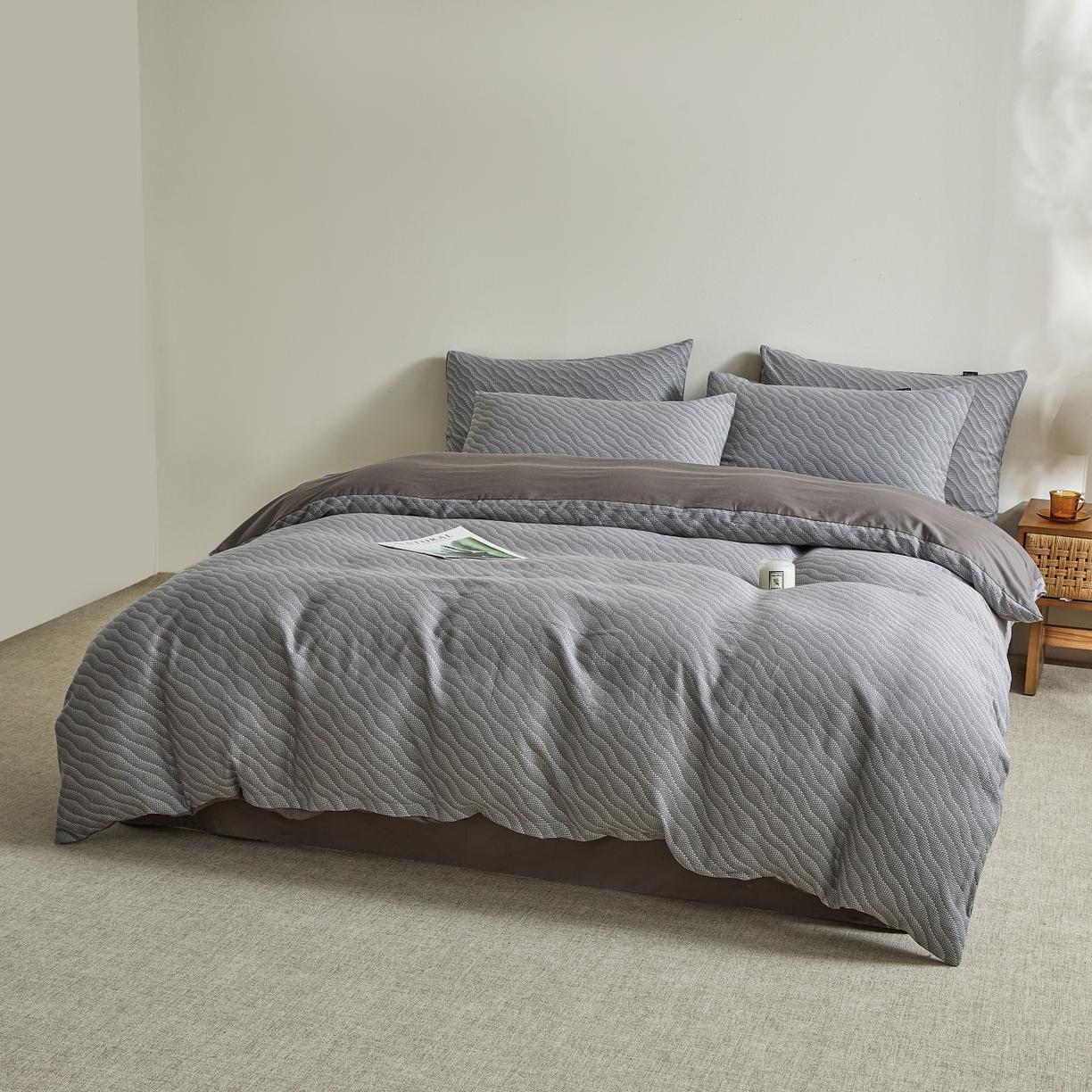 91家纺网 家纺一手货源 找家纺 乐家毛巾被（工厂自产自销） 2026新款40s全棉纯棉色织提花四件套 蓝屿风眠