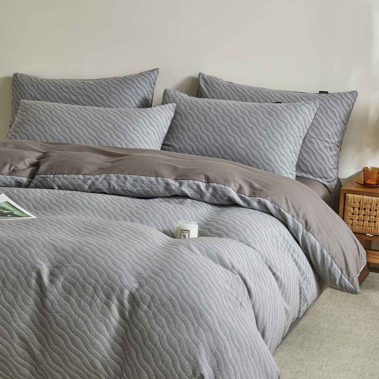 91家纺网 家纺一手货源 找家纺 乐家毛巾被（工厂自产自销） 2026新款40s全棉纯棉色织提花四件套 蓝屿风眠