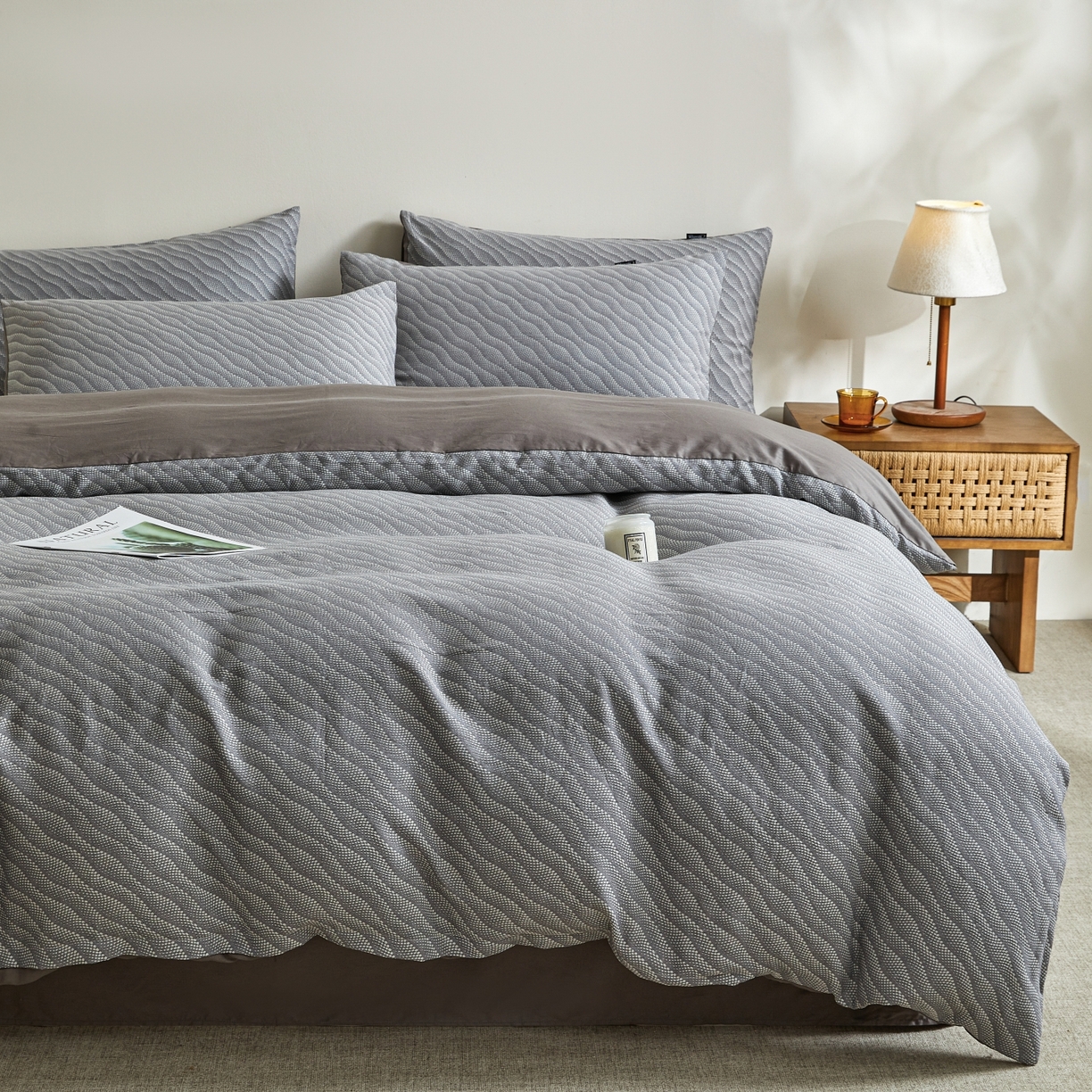 91家纺网 家纺一手货源 找家纺 乐家毛巾被（工厂自产自销） 2026新款40s全棉纯棉色织提花四件套 蓝屿风眠