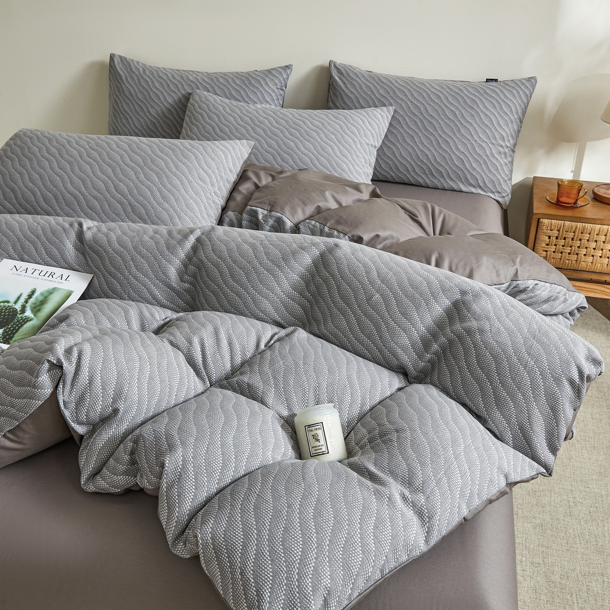 91家纺网 家纺一手货源 找家纺 乐家毛巾被（工厂自产自销） 2026新款40s全棉纯棉色织提花四件套 蓝屿风眠