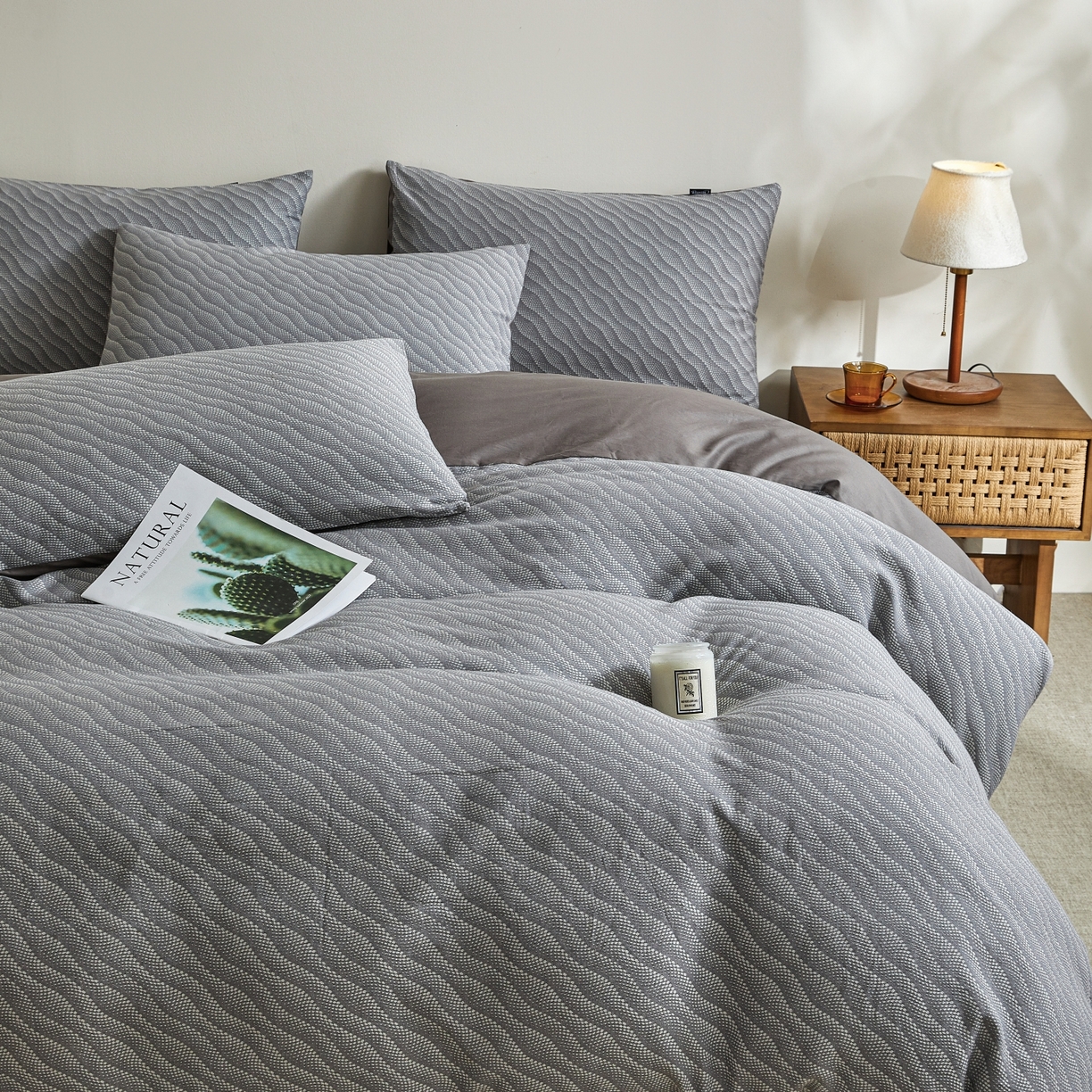 91家纺网 家纺一手货源 找家纺 乐家毛巾被（工厂自产自销） 2026新款40s全棉纯棉色织提花四件套 蓝屿风眠