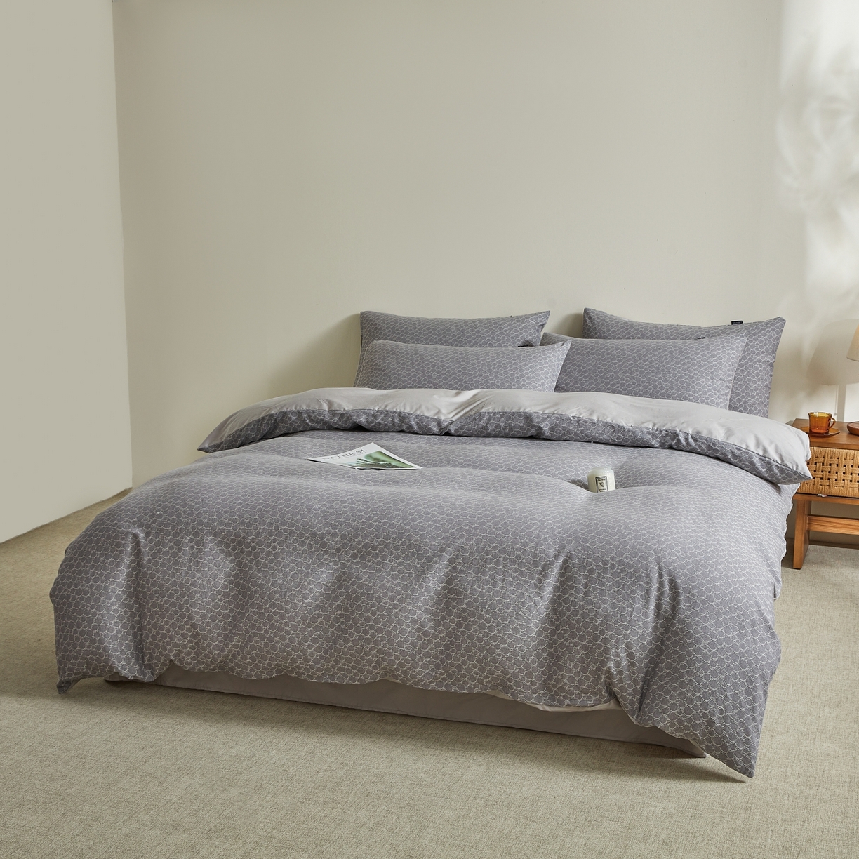 91家纺网 家纺一手货源 找家纺 乐家毛巾被（工厂自产自销） 2026新款40s全棉纯棉色织提花四件套 蓝韵清欢