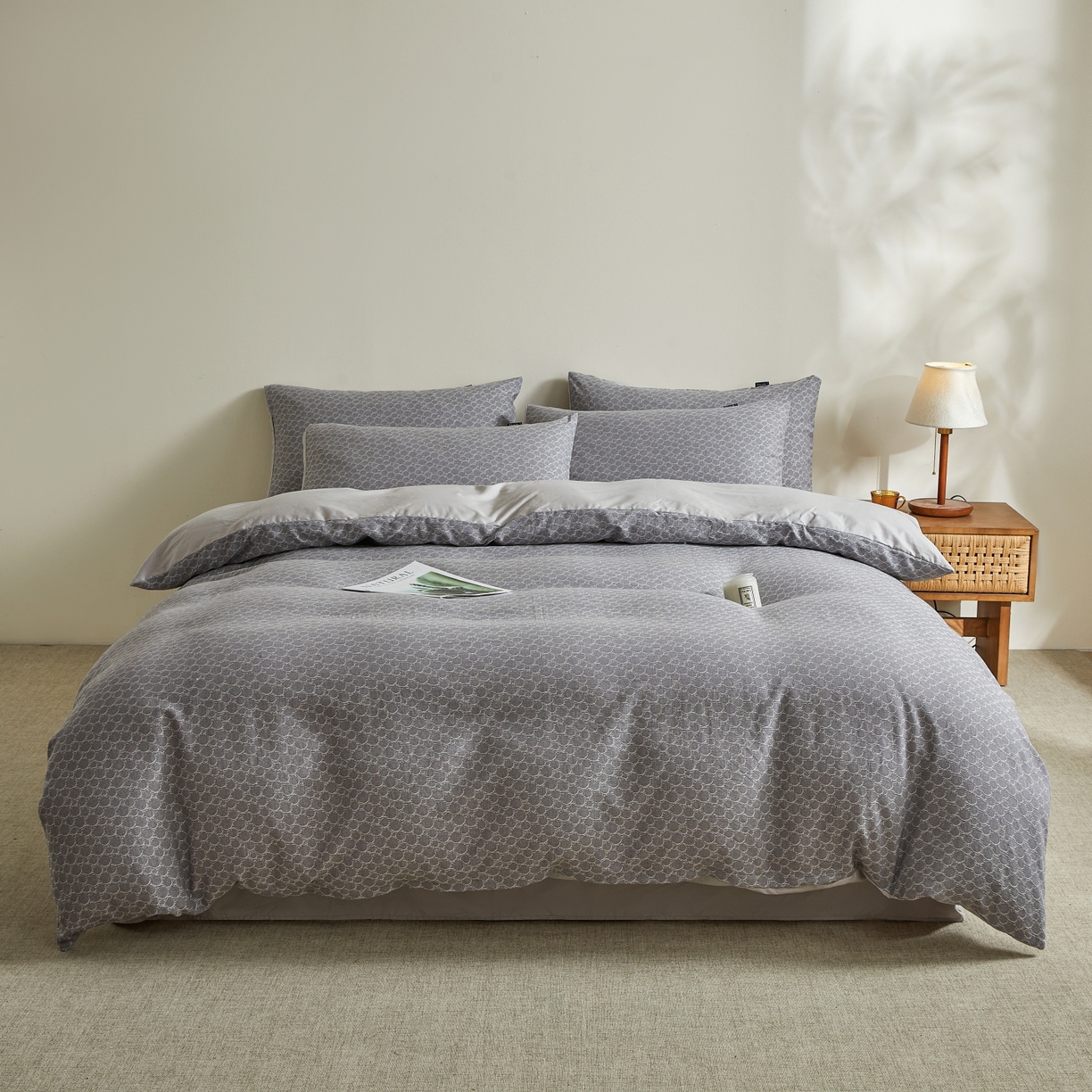 91家纺网 家纺一手货源 找家纺 乐家毛巾被（工厂自产自销） 2026新款40s全棉纯棉色织提花四件套 蓝韵清欢