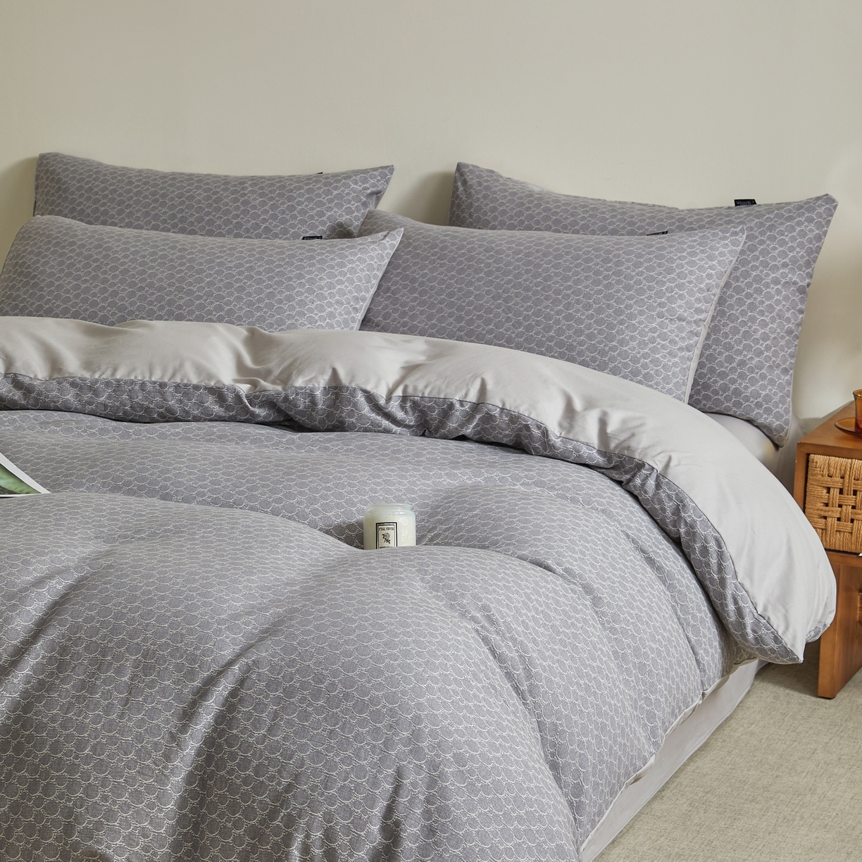 91家纺网 家纺一手货源 找家纺 乐家毛巾被（工厂自产自销） 2026新款40s全棉纯棉色织提花四件套 蓝韵清欢