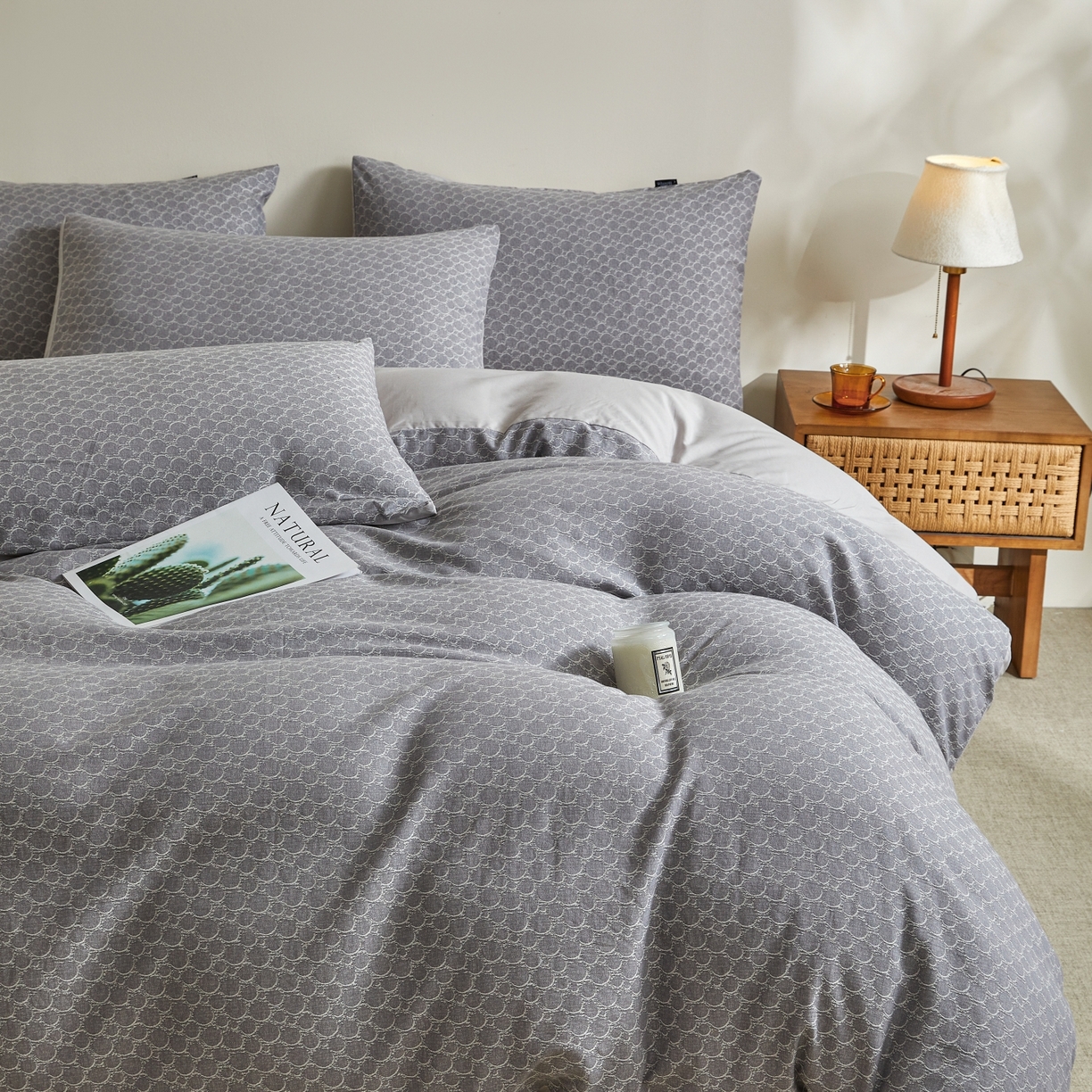 91家纺网 家纺一手货源 找家纺 乐家毛巾被（工厂自产自销） 2026新款40s全棉纯棉色织提花四件套 蓝韵清欢