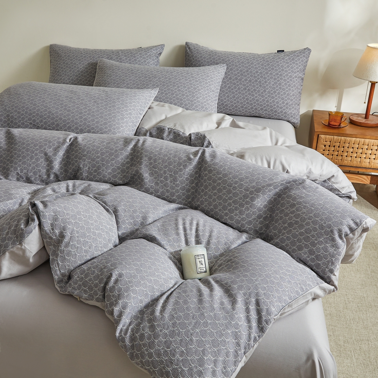 91家纺网 家纺一手货源 找家纺 乐家毛巾被（工厂自产自销） 2026新款40s全棉纯棉色织提花四件套 蓝韵清欢