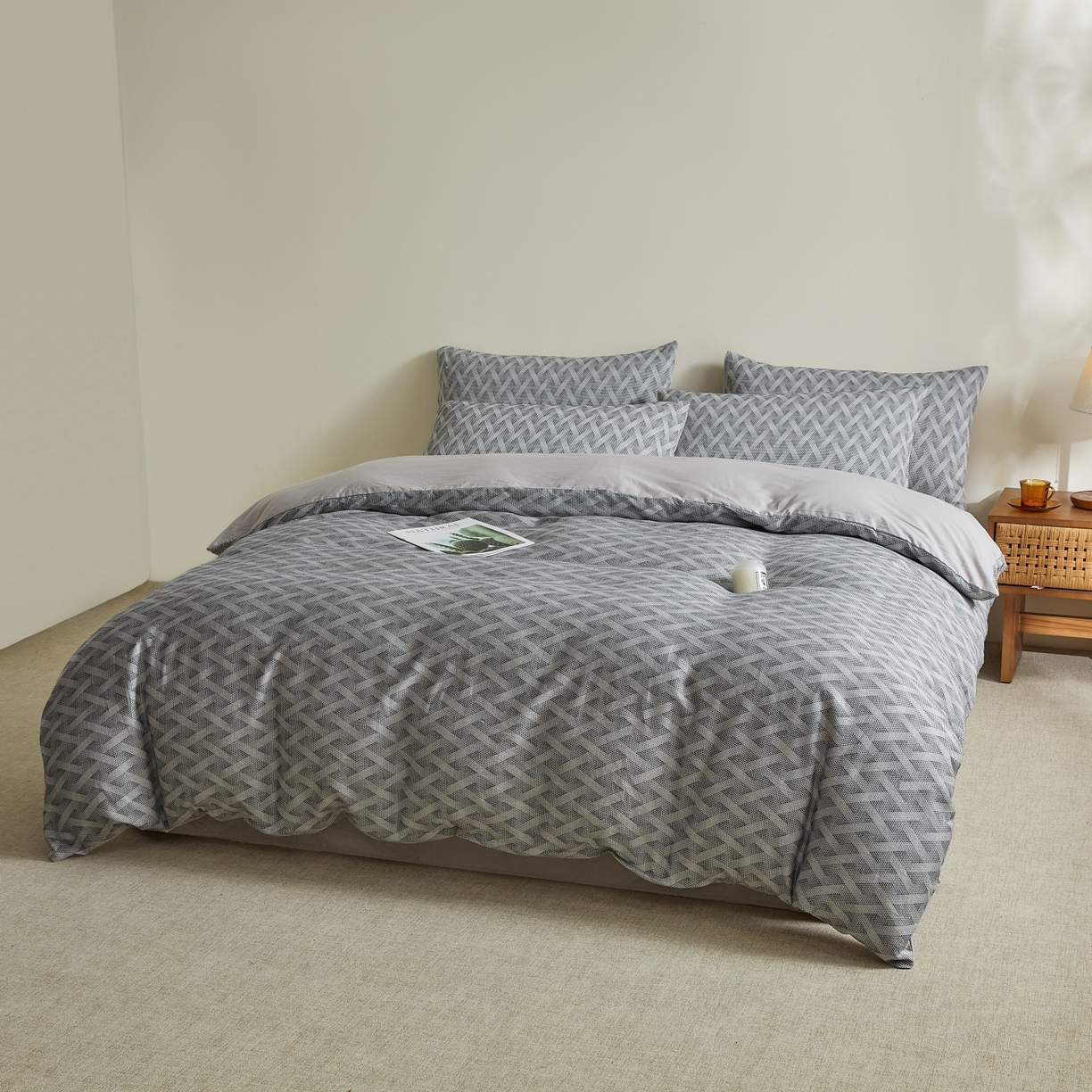 91家纺网 家纺一手货源 找家纺 乐家毛巾被（工厂自产自销） 2026新款40s全棉纯棉色织提花四件套 曼迪灰蓝