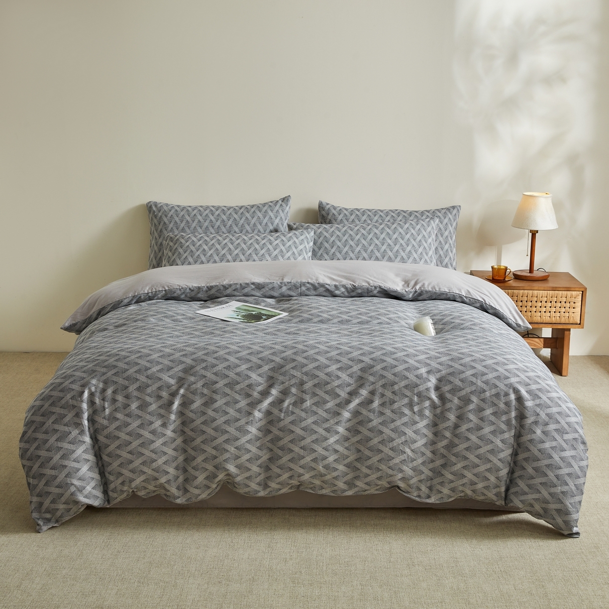 91家纺网 家纺一手货源 找家纺 乐家毛巾被（工厂自产自销） 2026新款40s全棉纯棉色织提花四件套 曼迪灰蓝