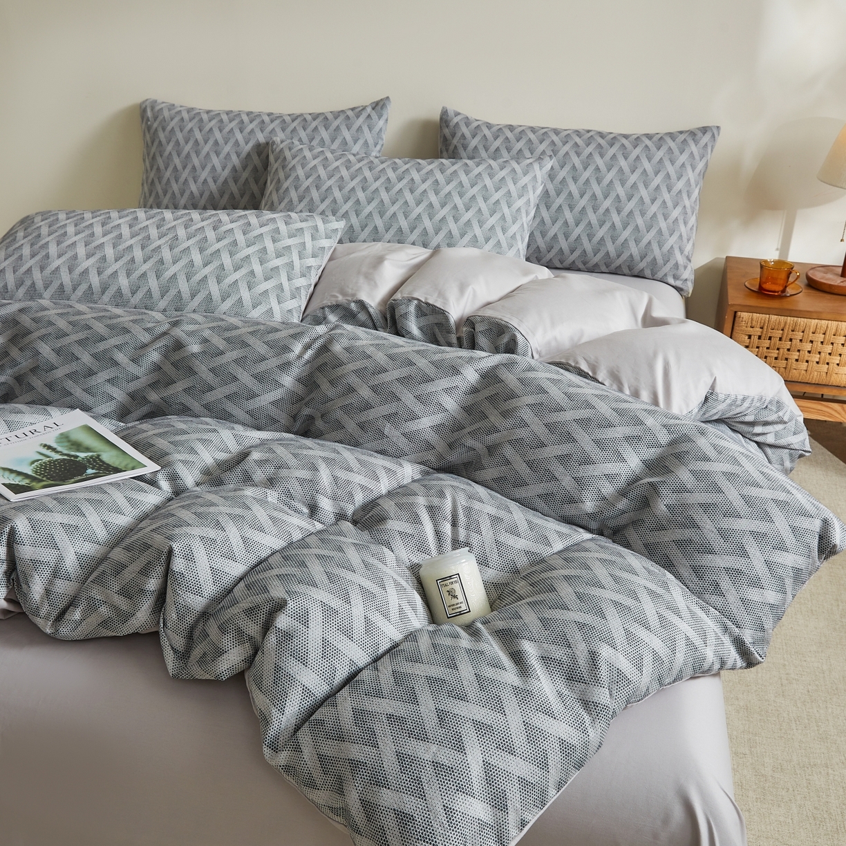 91家纺网 家纺一手货源 找家纺 乐家毛巾被（工厂自产自销） 2026新款40s全棉纯棉色织提花四件套 曼迪灰蓝