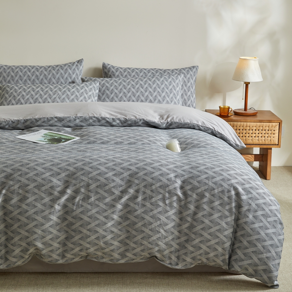 91家纺网 家纺一手货源 找家纺 乐家毛巾被（工厂自产自销） 2026新款40s全棉纯棉色织提花四件套 曼迪灰蓝