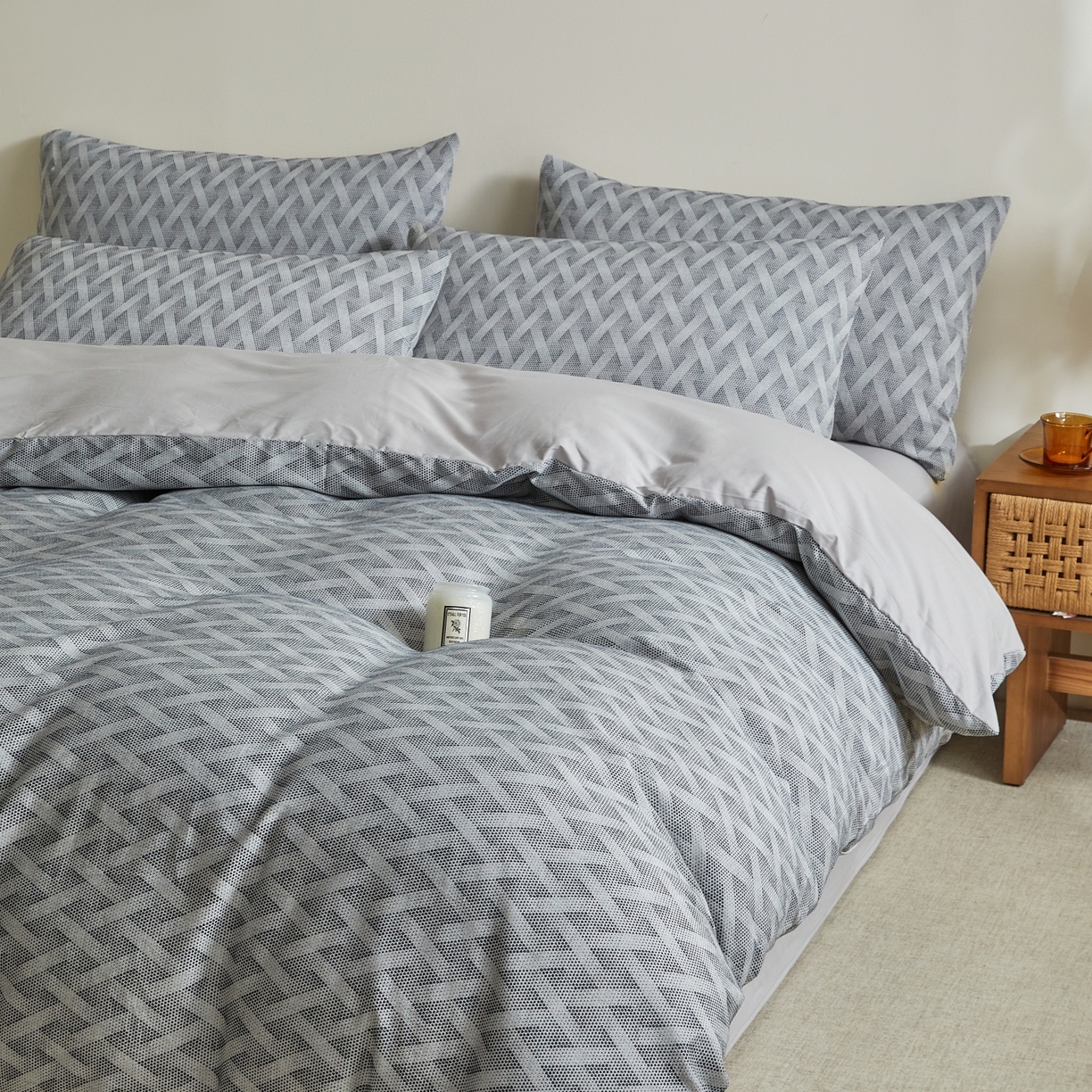 91家纺网 家纺一手货源 找家纺 乐家毛巾被（工厂自产自销） 2026新款40s全棉纯棉色织提花四件套 曼迪灰蓝