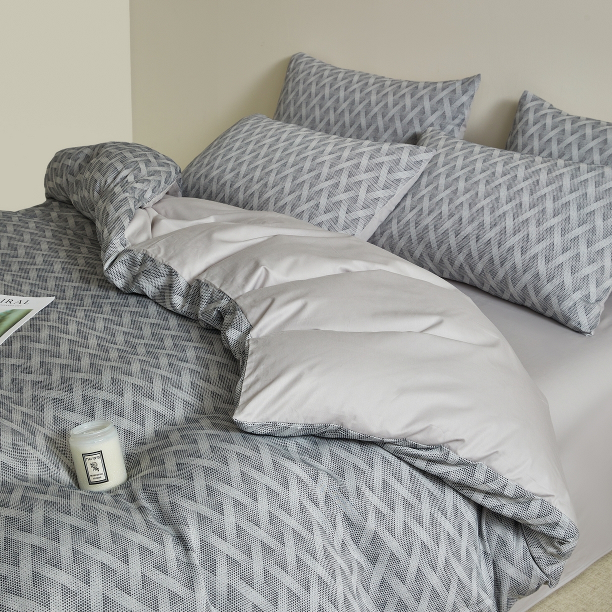 91家纺网 家纺一手货源 找家纺 乐家毛巾被（工厂自产自销） 2026新款40s全棉纯棉色织提花四件套 曼迪灰蓝