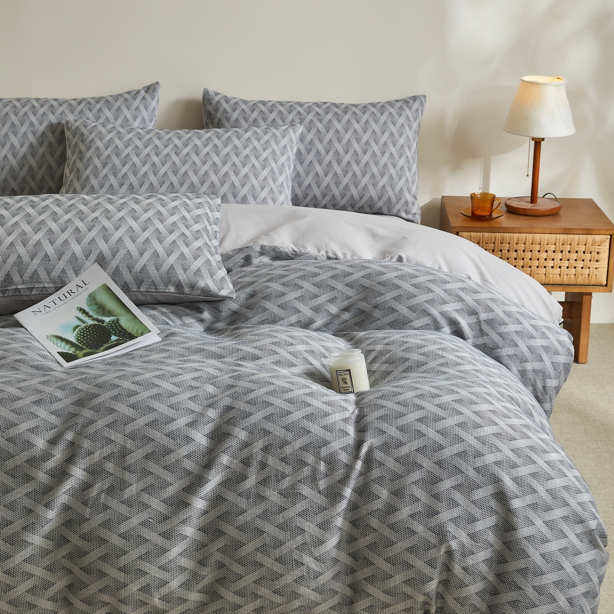 91家纺网 家纺一手货源 找家纺 乐家毛巾被（工厂自产自销） 2026新款40s全棉纯棉色织提花四件套 曼迪灰蓝