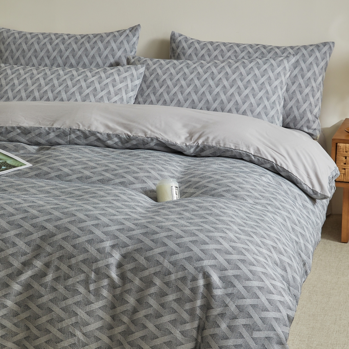 91家纺网 家纺一手货源 找家纺 乐家毛巾被（工厂自产自销） 2026新款40s全棉纯棉色织提花四件套 曼迪灰蓝