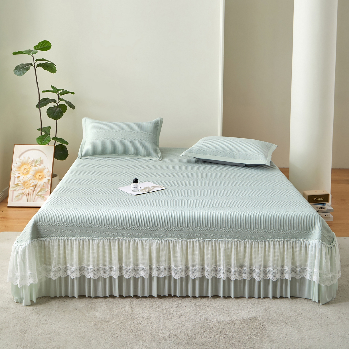 91家纺网 家纺一手货源 找家纺 瑞禾家纺 2026新款A类凉感豆豆床裙款凉席三件套-系列五 青柠绮梦