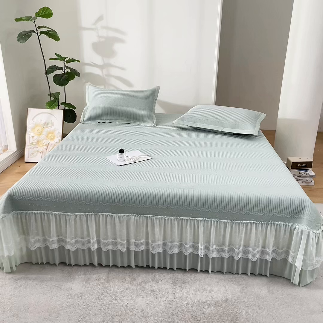 91家纺网 家纺一手货源 找家纺 瑞禾家纺 2026新款A类凉感豆豆床裙款凉席三件套-系列五 青柠绮梦