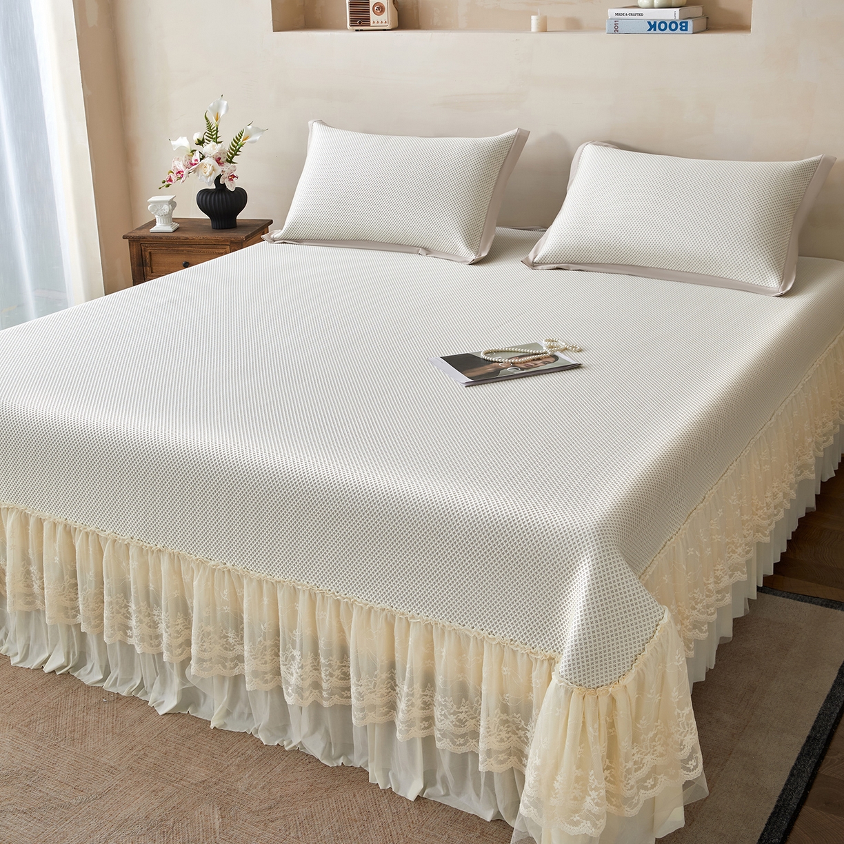 91家纺网 家纺一手货源 找家纺 （总）瑞禾家纺 2026新款A类凉感豆豆床裙款凉席三件套-系列四