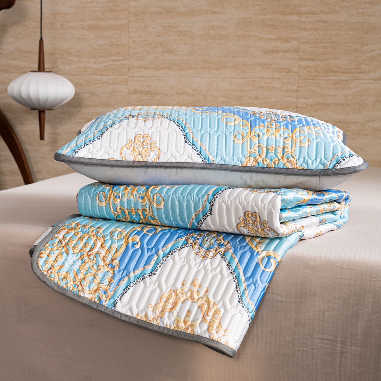 91家纺网 家纺一手货源 找家纺 yyds网供 2026新款9mm加厚艾草冰皮锦氨凉感乳胶席三件套空调水洗软席夏季凉席席子凉席 蓝金菱