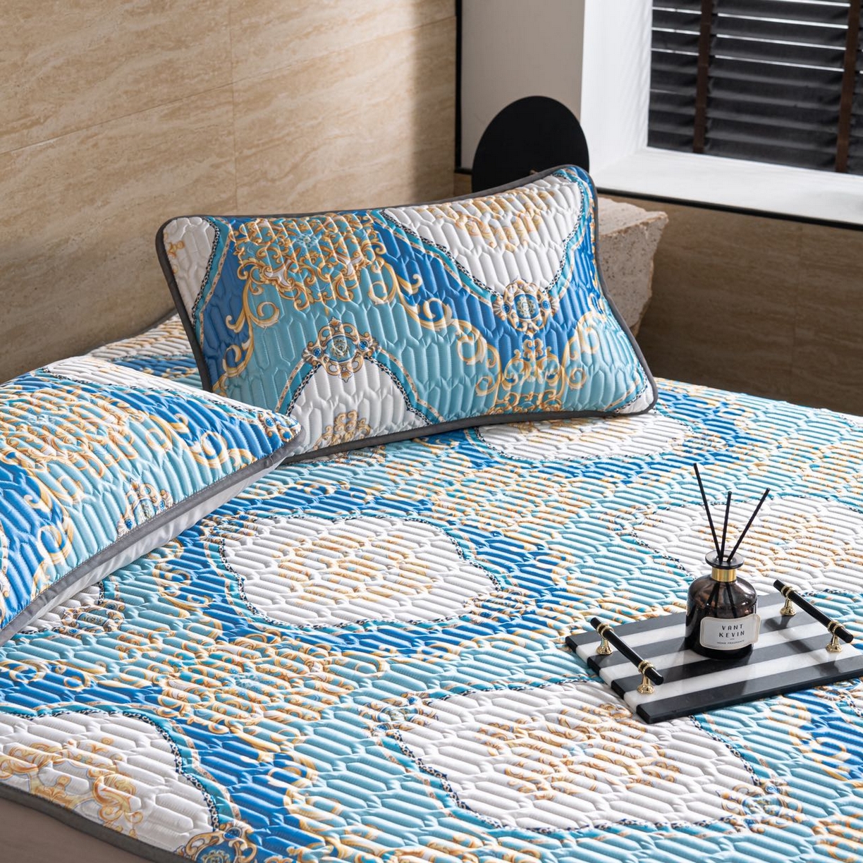 91家纺网 家纺一手货源 找家纺 yyds网供 2026新款9mm加厚艾草冰皮锦氨凉感乳胶席三件套空调水洗软席夏季凉席席子凉席 蓝金菱