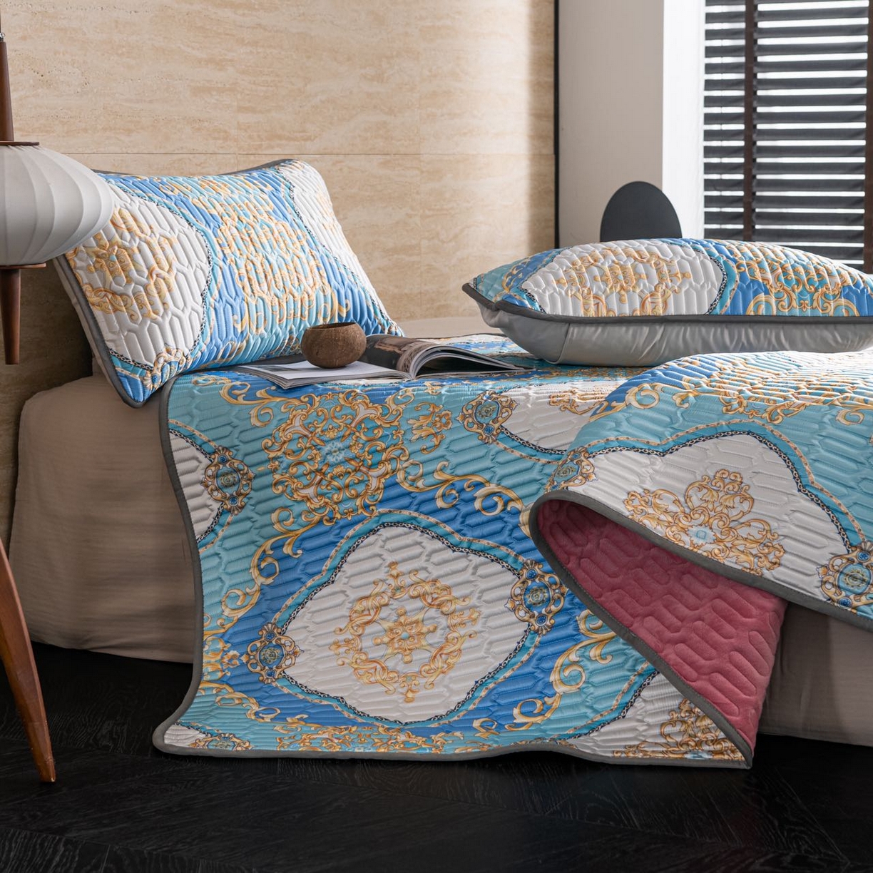 91家纺网 家纺一手货源 找家纺 yyds网供 2026新款9mm加厚艾草冰皮锦氨凉感乳胶席三件套空调水洗软席夏季凉席席子凉席 蓝金菱