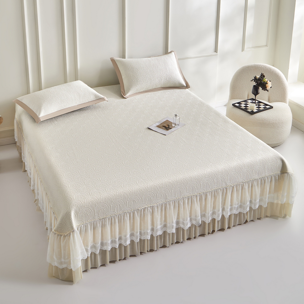 91家纺网 家纺一手货源 找家纺 （总）瑞禾家纺 2026新款A类凉感豆豆床裙款凉席三件套-系列三