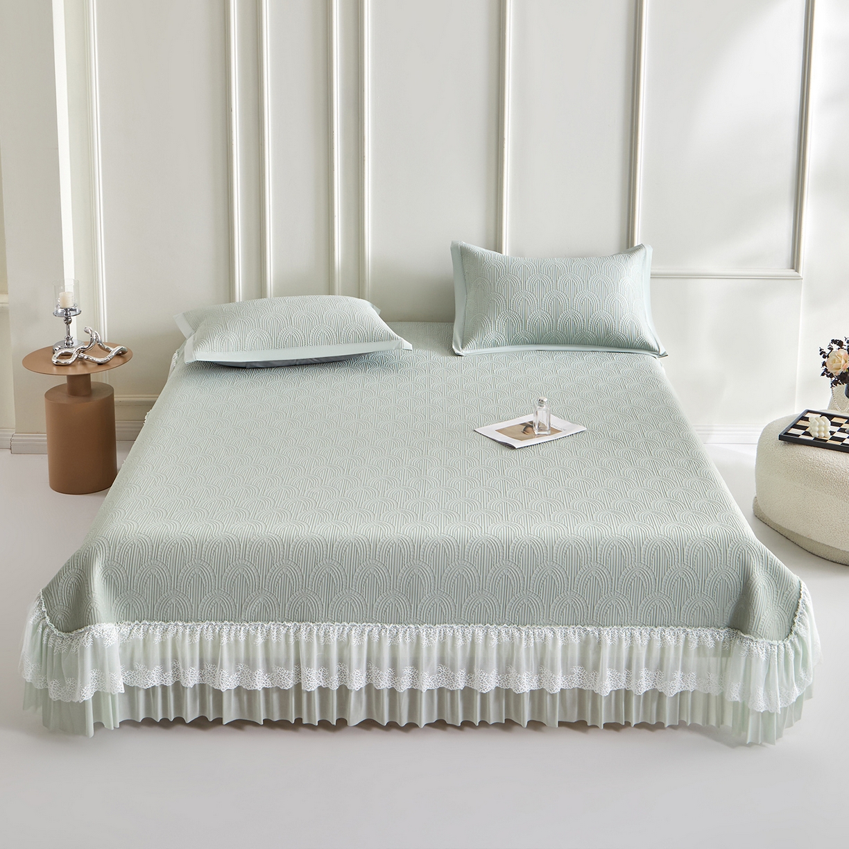 91家纺网 家纺一手货源 找家纺 瑞禾家纺 2026新款A类凉感豆豆床裙款凉席三件套-系列三 青柠浪影