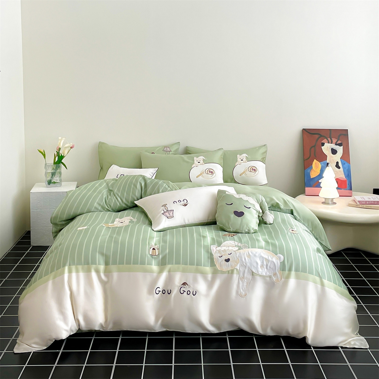 91家纺网 家纺一手货源 找家纺 蓝米卡夫 2026夏季新款60S兰精天丝刺绣四件套-西高地厨房（礼盒） 西高地厨房-碧草色